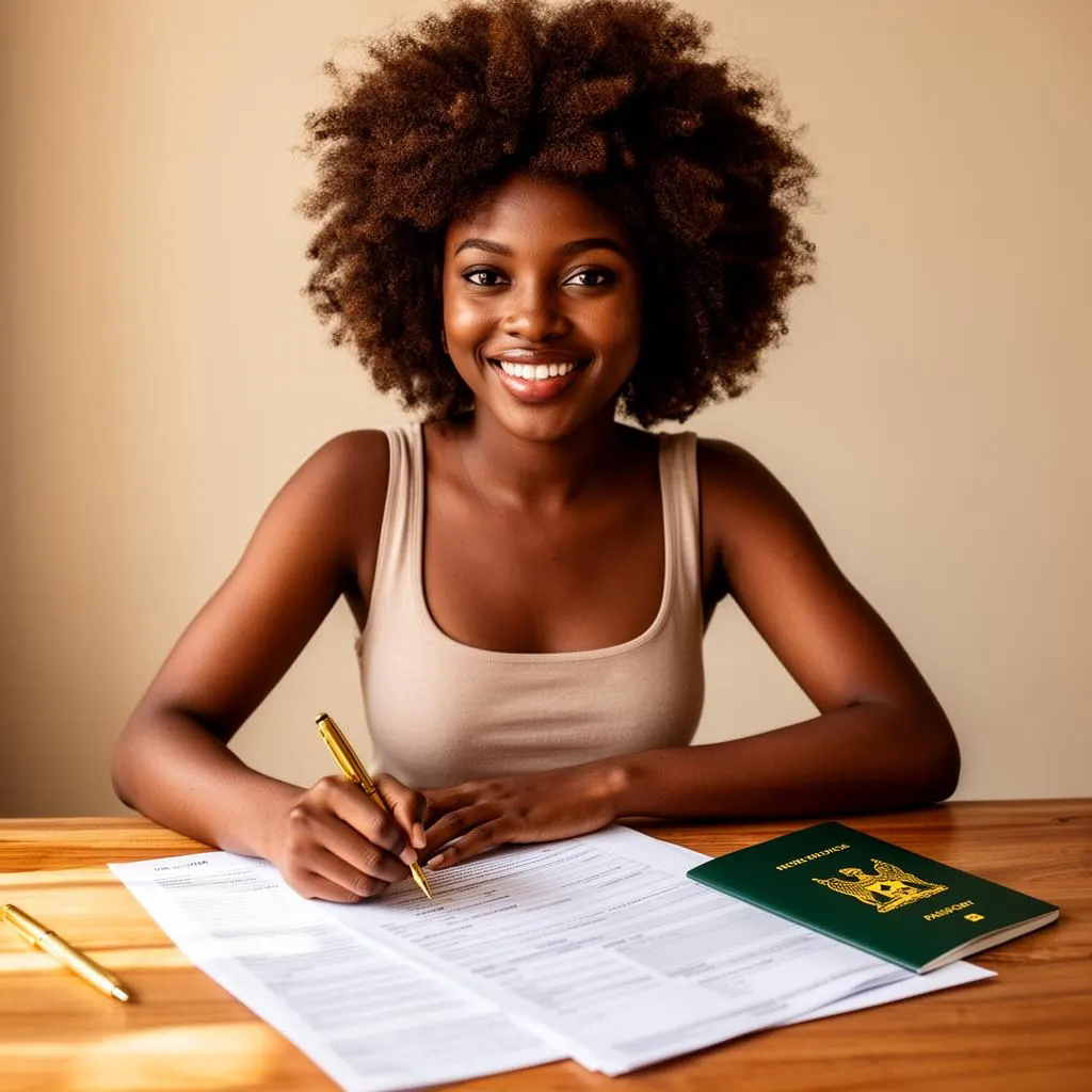 Hands filling out a visa application form with passport and gold pen
