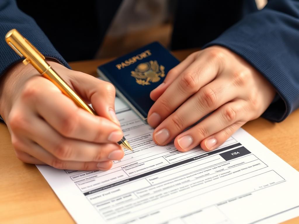 Hands filling out a visa application form with passport and gold pen
