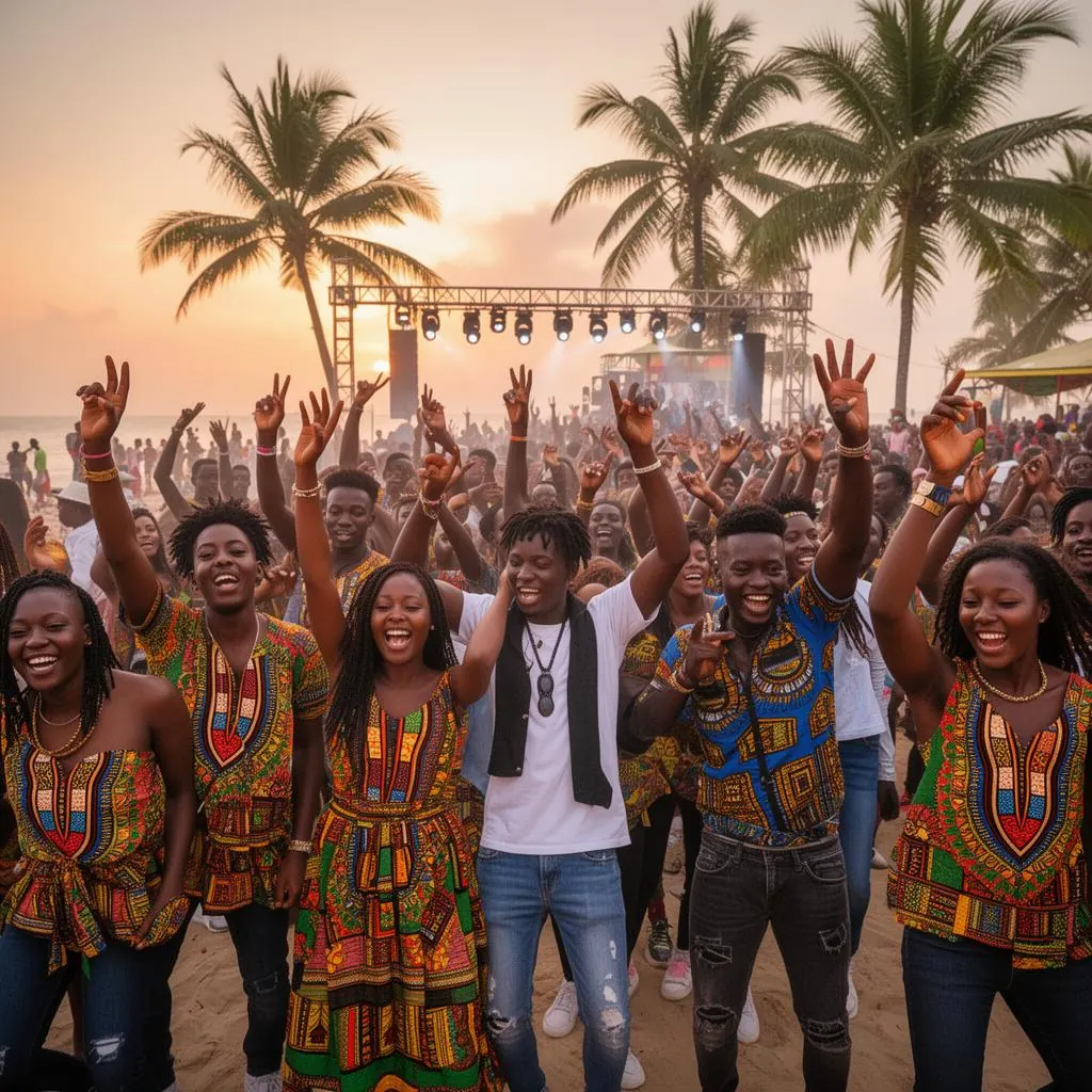 Crowd at a beachside Detty December festival in Accra, Ghana at sunset with stage lights and palm trees