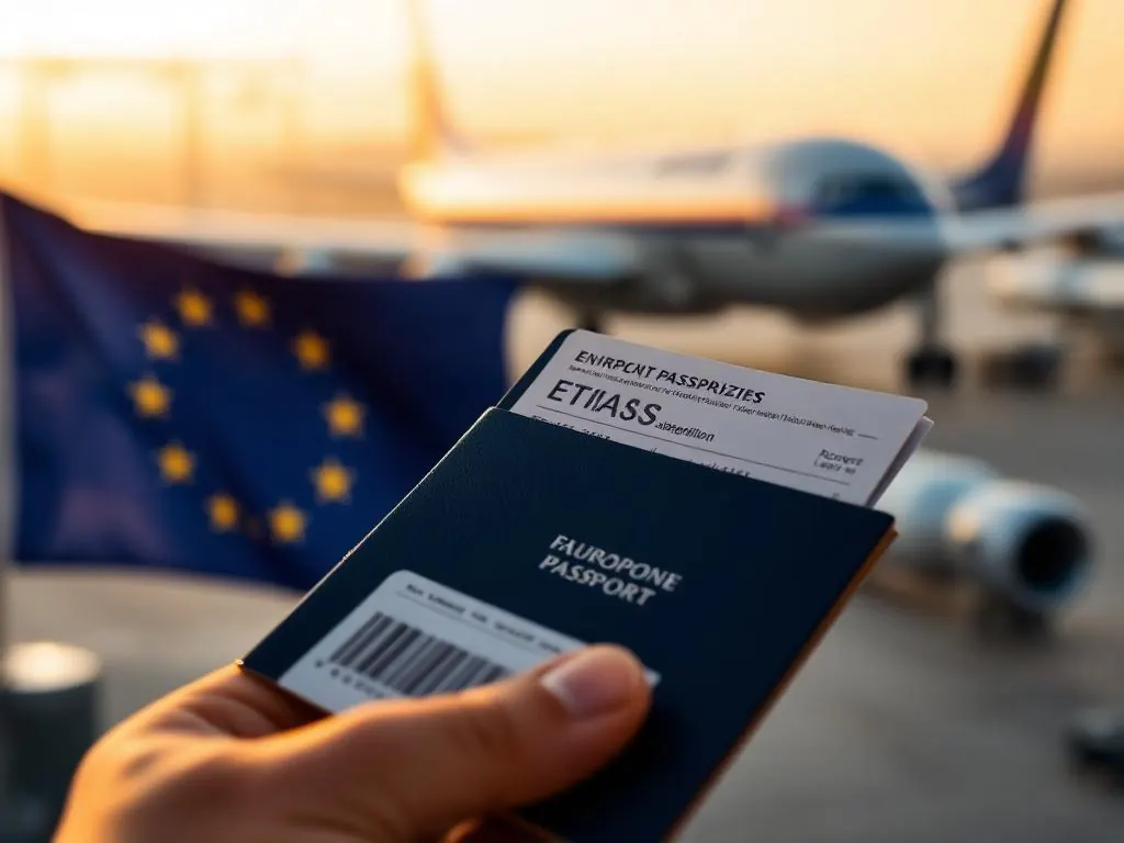 European passport with ETIAS travel authorisation document and EU flag at airport