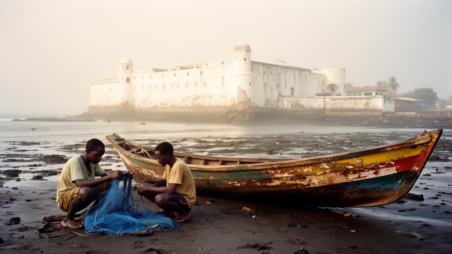 Two fishermen mending a blue net beside a colourful wooden canoe on the black sand below Cape Coast Castle in the hazy Harmattan light