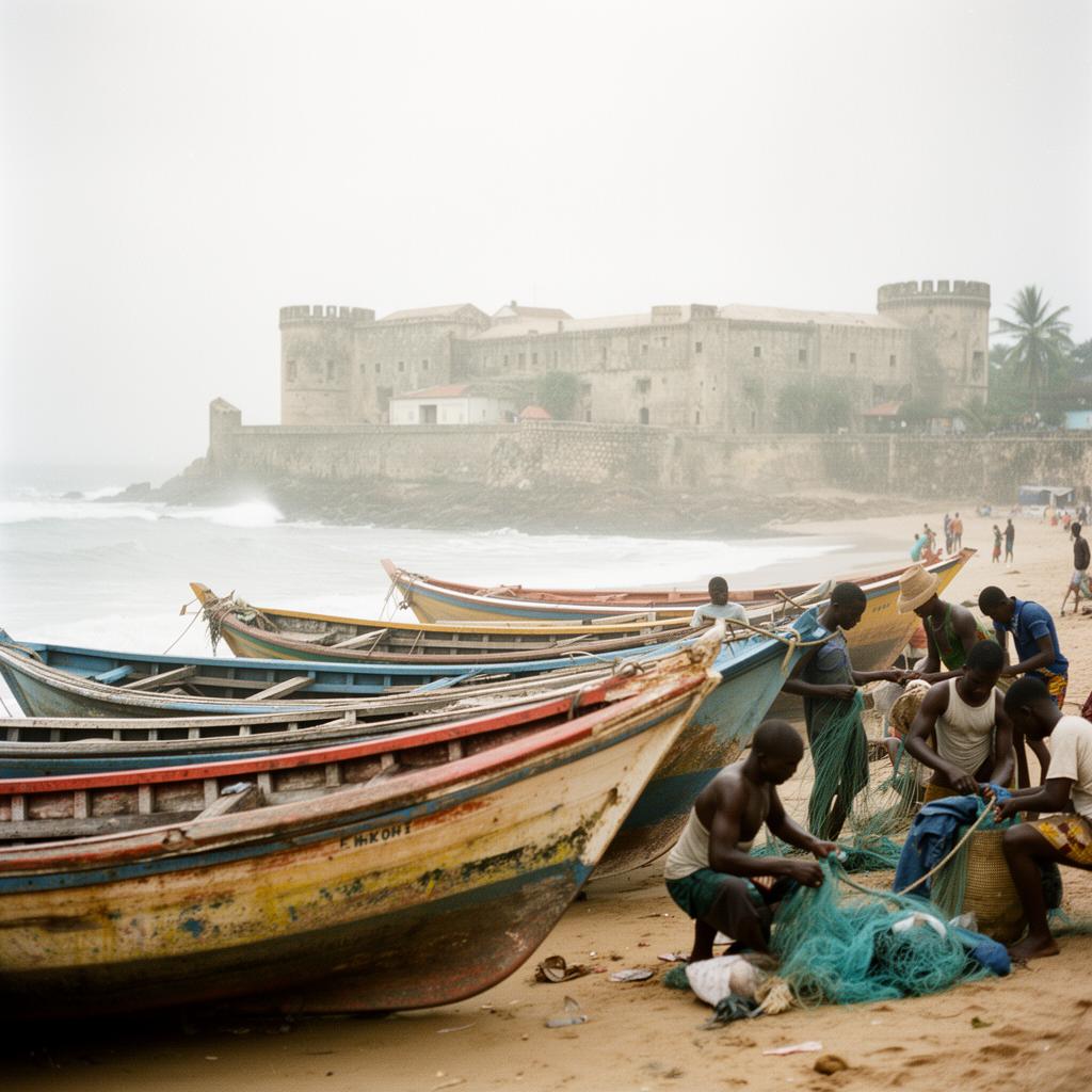 Fishermen mending nets next to colourful wooden canoes on the beach below Cape Coast Castle on a hazy Harmattan morning, Ghana