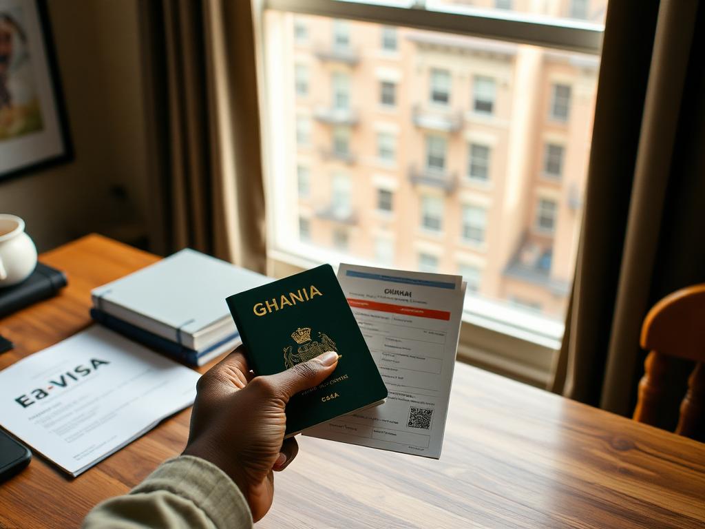Hands holding a Ghanaian passport and printed e-visa documents on a wooden desk in a New York apartment with brownstones visible through the window