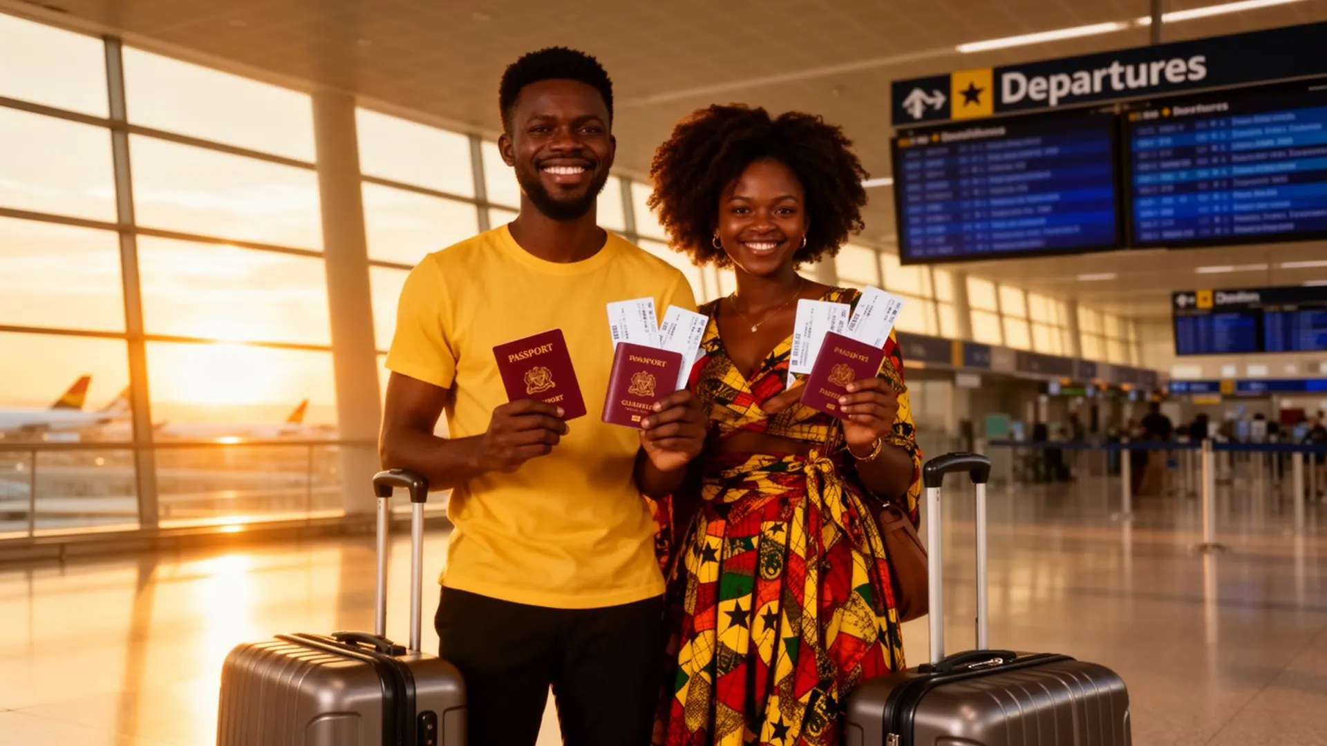 Ghanaian traveller holding a passport at airport at sunrise