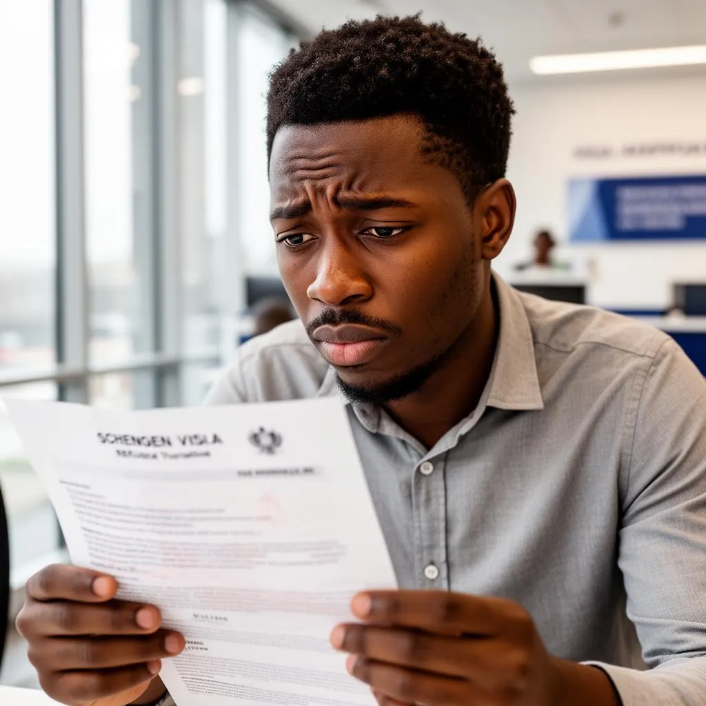 A Ghanaian traveller reading a Schengen visa refusal letter at a visa application centre