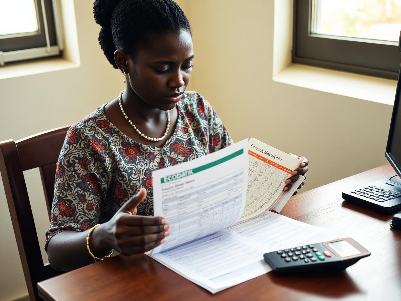 Ghanaian woman in Accra reviewing Ecobank bank statements and a UK visa checklist on a wooden desk in afternoon light