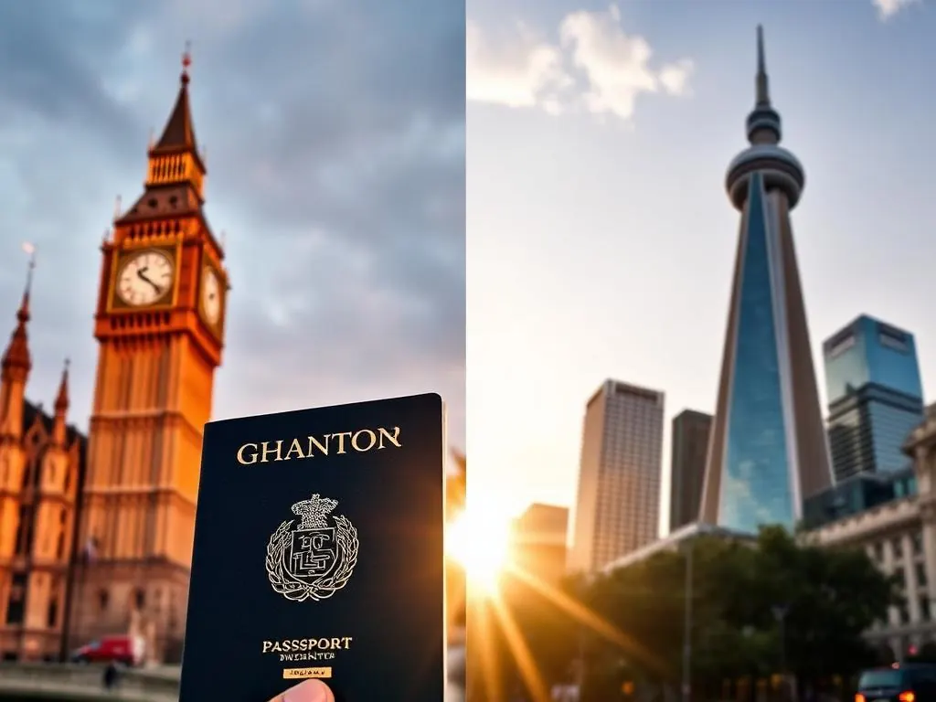 Big Ben and Toronto CN Tower with a Ghanaian passport in the foreground
